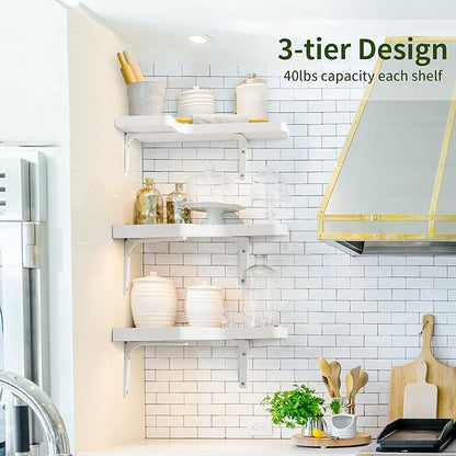 fuqing Corner Floating Shelves, Wall Shelf Set of 3, Shelves for Wall Storage, Solid Wood Shelves for Storage, Wall Mount Wooden Display Shelf for Bathroom Bedroom Kitchen Garage, White