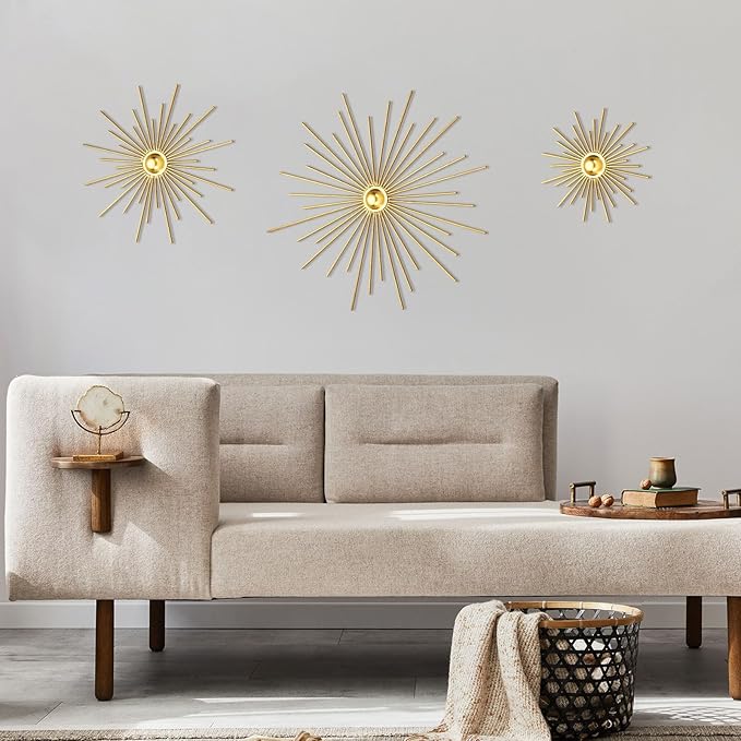 3 Pack Gold Sunburst Mirrors for Wall Decor Circle Flowers Mirrors Decorative Gold Hanging Wall Art Flowers Mirror for Home Living Dinning Room Bedroom Bathroom Boho Decoration(Cute)