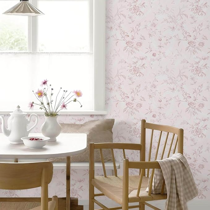 Ismoon Floral Wallpaper Peel and Stick Pink Stick on Wall Paper Vintage French Contact Paper for Cabinet Textured Removable Self Adhesive Wallpaper Vinyl Roll Shelf Deco, 17.3x393in