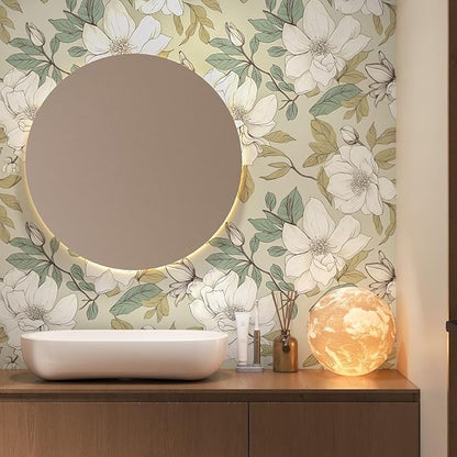 Beige Floral Wallpaper Peel and Stick, White Flowers Contact Paper, Vintage Botanical Boho Wall Paper Waterproof Self Adhesive Removable for Room Shelves Cabinet Drawer Table Decor 17.5" x 118"