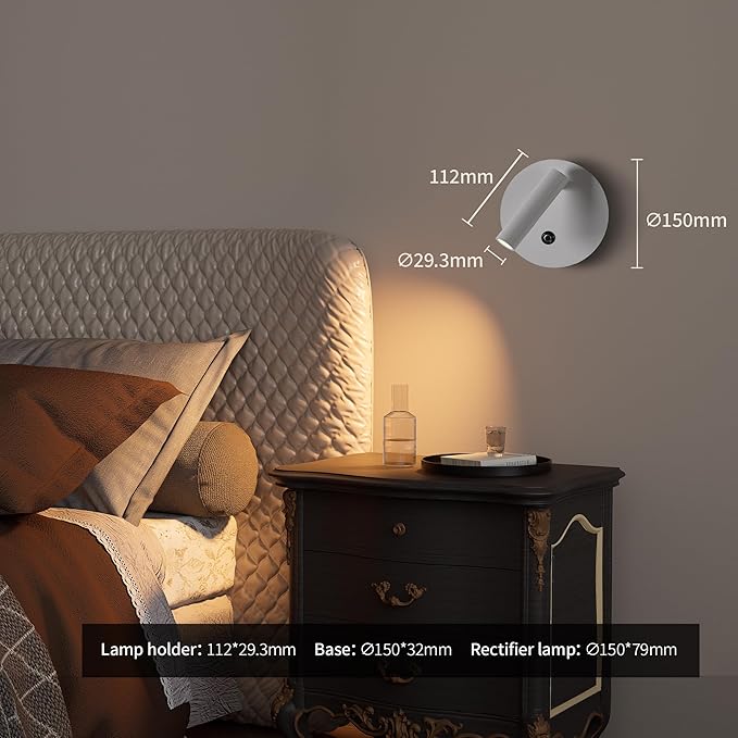 Aisilan 2-Pack Modern Wall Sconce with Touch Switch, Dimmable 6W Adjustable Wall Lamp, Dual-Mode Hardwired Bedside Lights, White Wall Mounted Lighting for Bedroom, Living Room & Hallway
