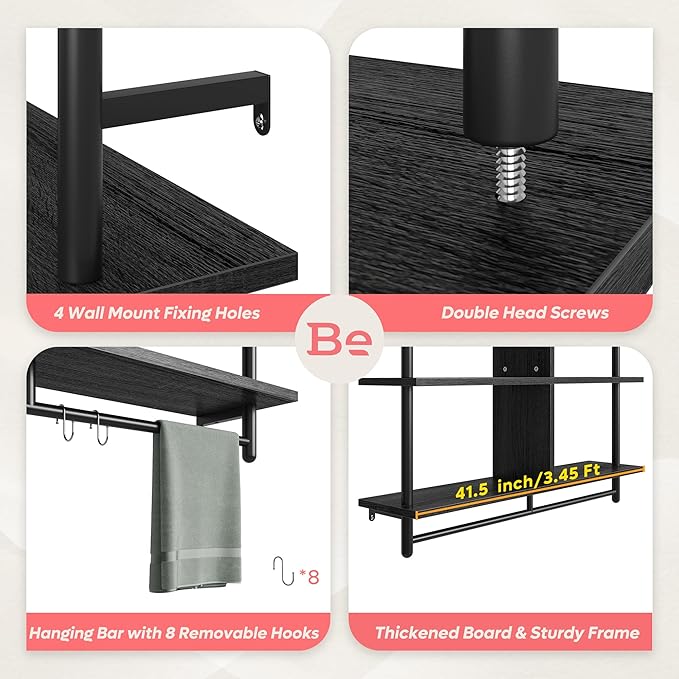 Bestier Kitchen Shelves Wall Mounted Floating Pipe Shelving 3 Tier 41.5