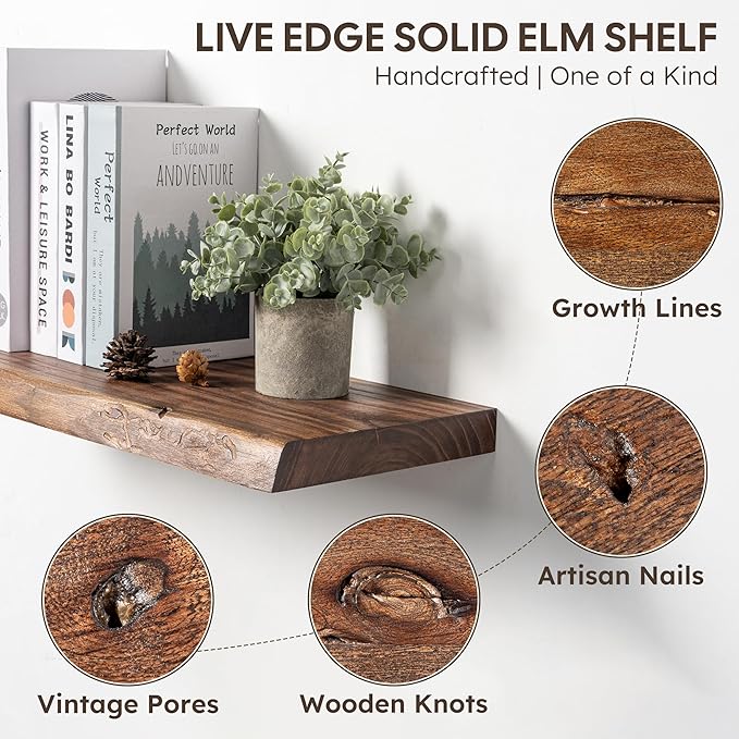 Live Edge Floating Shelf, 48 Inch Solid Elm Wood - Vintage Rustic Wood Wall Shelf with Invisible Brackets for Living Room, Kitchen, Bathroom