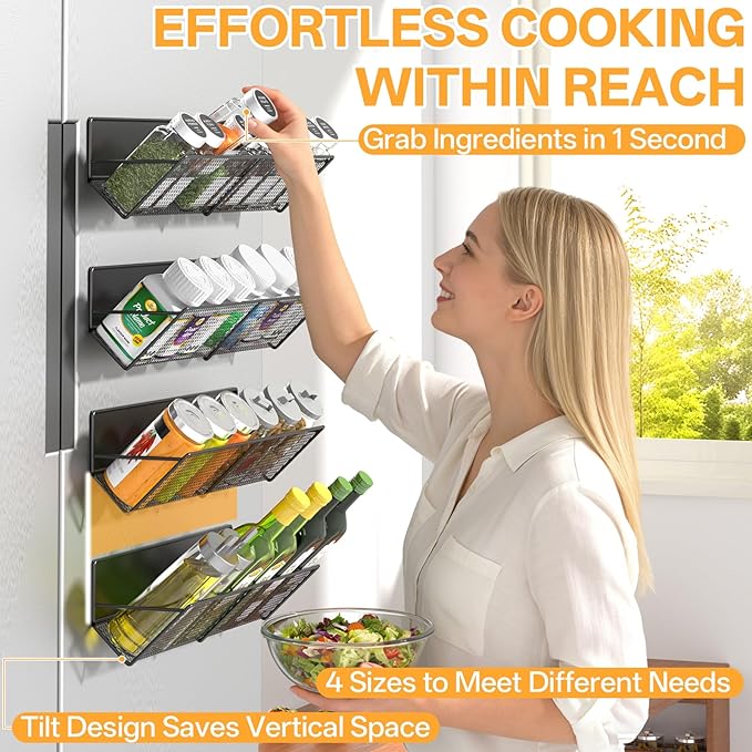 Magnetic Spice Rack for Refrigerator 4 Pack, Extra Long Strong Magnetic Fridge Shelves(14-16.5 inch), Space Saving Spice Organizer 45° Tilt, No Drilling Home Kitchen Laundry Storage Shelves