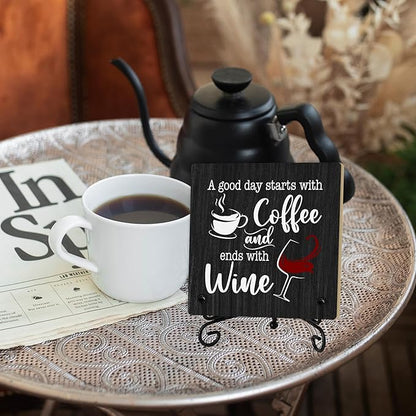 Coffee And Wine Desk Decor Sign, Rustic Wooden Sign With Stand, A Good Day Starts With Coffee And Ends With Wine Sign For Farmhouse Home Kitchen Bar Shelf Table, Gifts For Family Friend Coworker-04