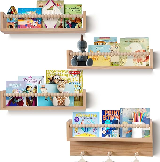 BOMID Wall Bookshelves,Set of 4 Natural Wood Floating Bookshelf,Nursery Shelves,Floating Book Shelves for Wall(Burlywood)