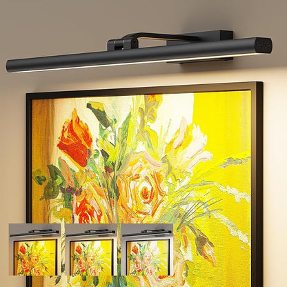 Wireless Picture Lights for Wall, 24in Battery Operated Wall Light for Painting Rechargeable CCT Rotatable Art Gallery Light with Remote Dimmable Timer for Artwork Frame Display Dartboard