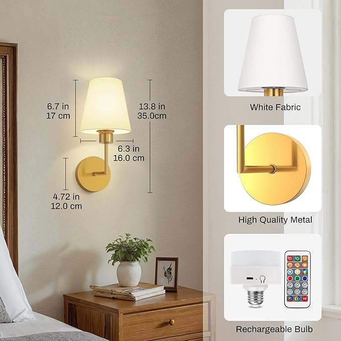 DORESshop Battery Operated Wall Sconce Set of 2, Wall Light Wireless Easy to Install, Dimmable and Adjustable Sconces Wall Decor, Rechargeable Wall Lamp for Bedroom, Living Room, Gold 13.8in