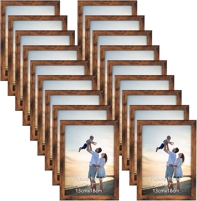 Hoikwo 18 Packs 5x7 Rustic Brown Multi Plastic Picture Frames Set with Plastic Cover for Family Photos, Artwork, Light Weight Bulk 5 by 7 Frames Pack for Wall Hanging and Table, Stylish Picture Frames