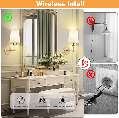 Battery Operated Wall Sconce Set of Two,Modern Gold Rechargeable Wall Lights with 5200mAh RGB Bulb and Remote Control, 270°Rotation Dimmable Battery Powered Wireless Wall lamps for Bedroom Living Room