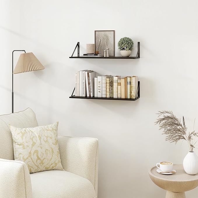 Heimlove Black Deep Floating Shelves for Wall, 24W x 8D Wood Wall Shelves Set of 2, Wide Floating Bookshelf for Living Room, Kitchen, Office, Bedroom and Decor Storage, with Metal Bracket - Black