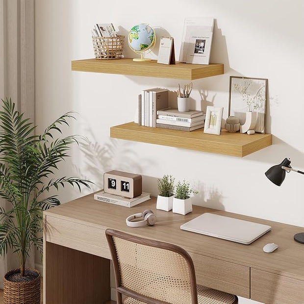 Fun Memories 32 x 12 Floating Shelves Wall-Mounted - Rustic Wood Shelf - 12 Inch Deep Floating Shelves for Wall - Large Storage Shelf for Bathroom - Kitchen & Bedroom - Oak - Set of 2