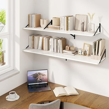 Fun Memories Floating Shelves for Wall, 12 Inch Deep Floating Shelves Set of 2, 48W x 12D Large Wall Shelf with Sturdy Metal Brackets for Living Room, Bathroom, Bedroom and Kitchen, White
