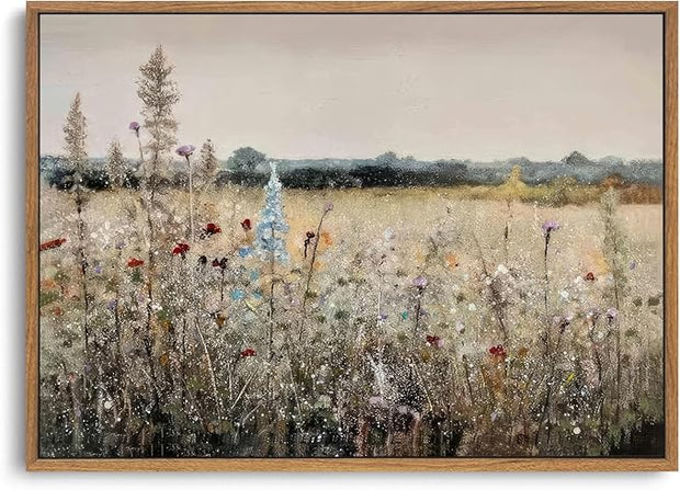 OIQArtOIQ Vintage Wildflowers Landscape Wall Art Framed Floral Natural Scenery Oil Painting Canvas Prints Country Farmhouse Decor Pictures Kitchen Bedroom Living Room Bathroom
