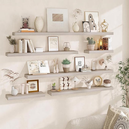 Fun Memories 55 Inch Fireplace Mantel - Long Floating Shelf, Wall Mounted Farmhouse Display with Invisible Heavy Duty Metal Bracket, 2 Pack, Grey