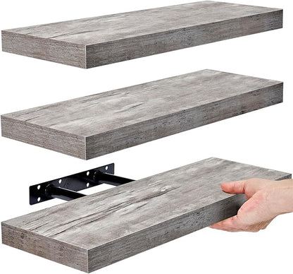 Sorbus Floating Shelves for Wall – 16 Inch Floating Shelf for Kitchen, Bedroom, Living Room, Bathroom, Home & Wall Decor - Mounted Bathroom Shelves with Invisible Brackets (Grey, 3 Pack)