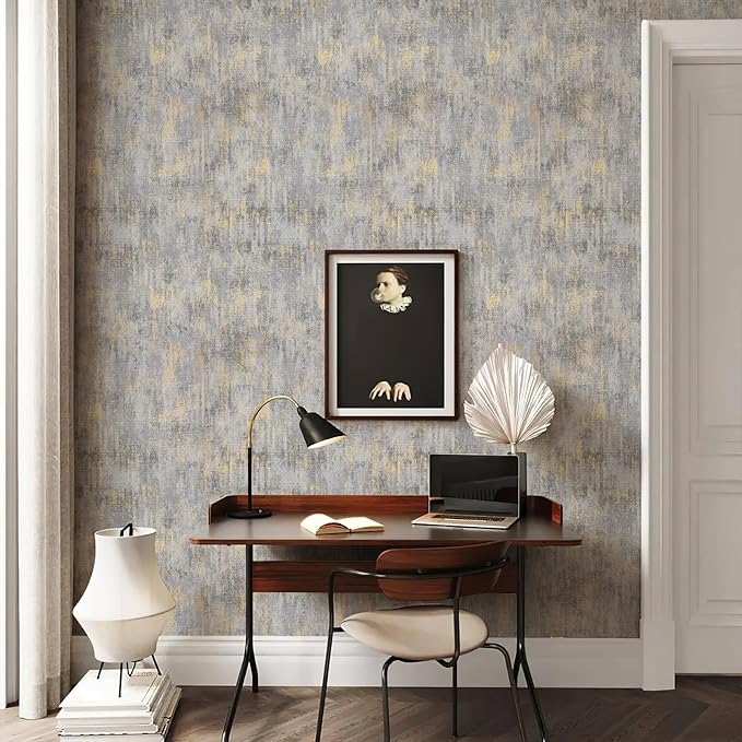 Simon&Siff Textured Wallpaper Distressed Concrete Wallpaper 17.3inx19.68ft White/Gold/Gray Metallic Modern Wall Paper Non Woven Neutral for Bedroom Traditional Wall Paper Need Adhesive