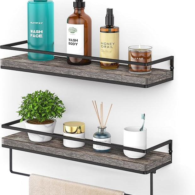 Meangood Floating Shelves Wall Mounted Set of 2, Wall Shelf with Towel Bar Rustic Wood Wall Storage Shelves for Bedroom,Living Room,Bathroom, Kitchen Pine