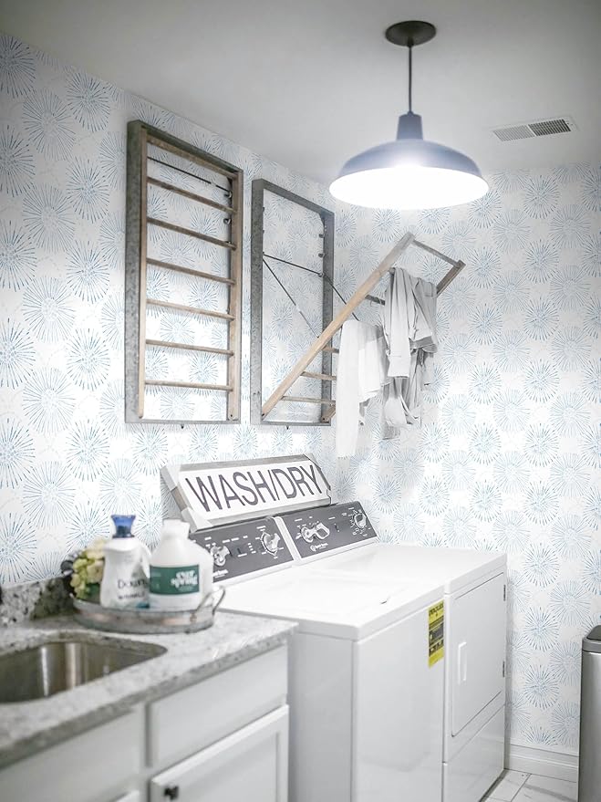Boho Wallpaper Blue Wall Paper Peel and Stick Modern Blue and White Geometric Fireworks Contact Paper Renter Friendly Self-Adhesive Removable Bathroom Bedroom Laundry Room 17.3" × 78.7"