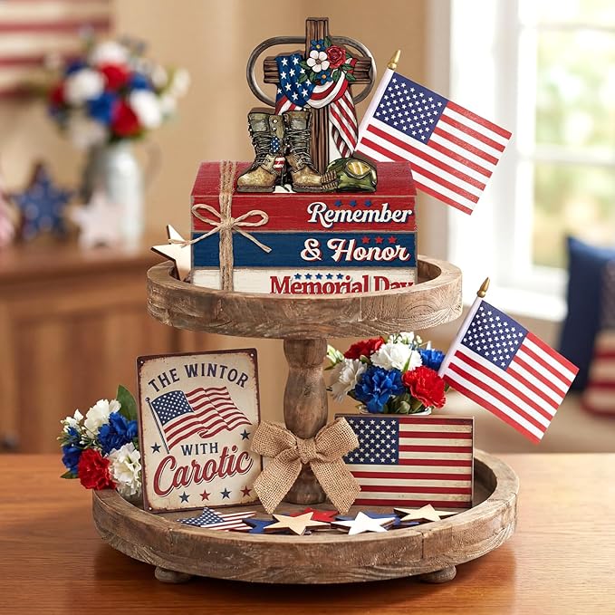 Geelin 4 Pcs Memorial Day Wooden Book Stack Decorations, Patriotic Tabletop Book Sign Set with Boots Cross Helmet and Flag, Rustic Red White Blue Tiered Tray Decor for Home, Office, Veterans Day