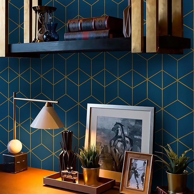 Safiyya Peel and Stick Wallpaper Gold and Blue Wallpaper Modern Geometric Contact Paper Waterproof Self Adhesive Wall Paper for Bedroom Bathroom Vinyl Roll 393