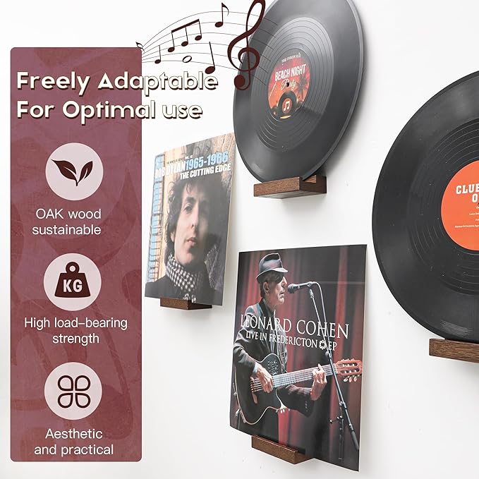 Wood Vinyl Record Shelf Wall Mount, Small Wall Record Holder Display Shelf, Vinyl Record Shelves Record Album Display Holder for LP, CD, Book Art Storage Vintage Home Decor (6, Light Walnut)