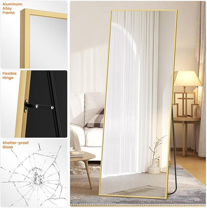 Full Length Standing Mirror, 70"x24" Gold Full Body Mirror with Aluminum Alloy Frame, Free Standing or Wall Mount for Bedroom, Living Room, Dressing Room