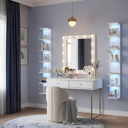 7 Tier Wall Shelf with Lights, White Lack Wall Shelf, Display Floating Shelves with Remote Control for Home Decor Bedroom Vanity