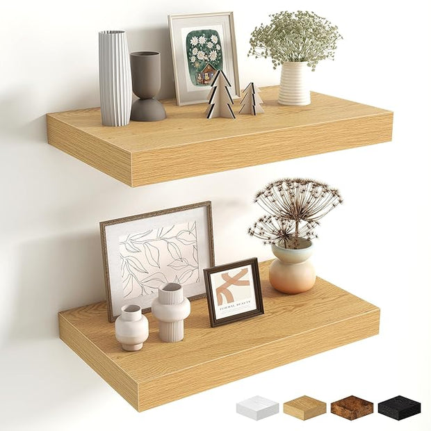 Fun Memories Floating Shelves for Wall - 10 x 16 Floating Shelf - Rustic Wood Storage Shelf - Wall Shelves with Invisible Bracket - 16" Bookshelves for Living Room & Bedroom - Oak - Set of 2