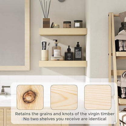 Marsmiles Natural Wood Floating Shelves | Unfinished Wood Wall Shelves Set of 2 | 16" W x 7.7" D x 1.6" H Natural Wooden Shelves for Bathroom Living Room Kitchen