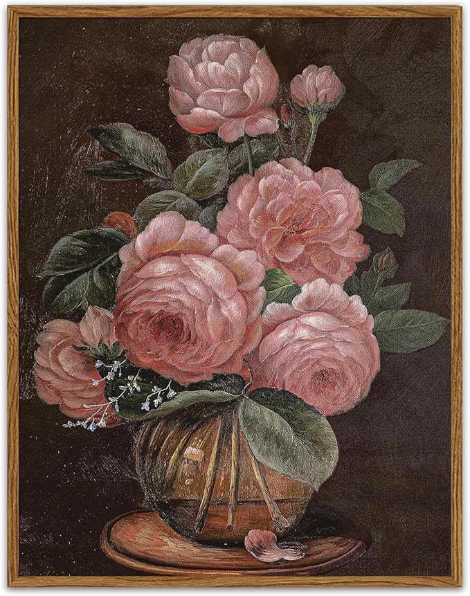 SHENIFY Vintage Flower Framed Canvas Wall Art Peony Classic Paintings Modern Kitchen Bathroom Office Decor - 11x14in Natural Framed
