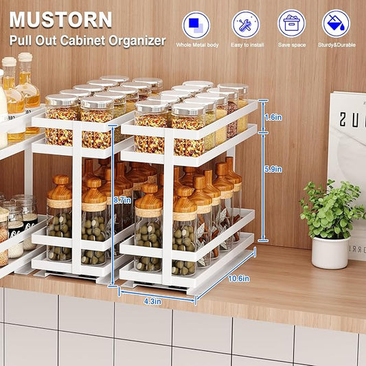 2 Pack Pull Out Spice Rack Organizer for Cabinet, 2 Tier Metal Slide Out Seasoning Organizer and Storage Heavy Duty Vertical Spice Rack Shelf Pullout for Kitchen Cabinets No Drilling (White)
