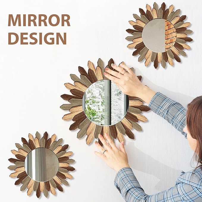 3 Pcs Boho Wall Decor Round Sunburst Mirror Boho Circle Mirror with Rustic Wood Frame Decorative Hanging Wall Art for Farmhouse Home Decor,17 Inch and 12 Inch(Tril Color)