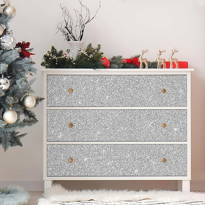 CHIHUT Sparkle Silver Glitter Wallpaper Peel and Stick Silver Glitter Contact Paper for Cabinets Walls Self Adhesive Removable Fabric Wallpaper Decorative Wall Paper for DIY Drawers 15.7''x100''