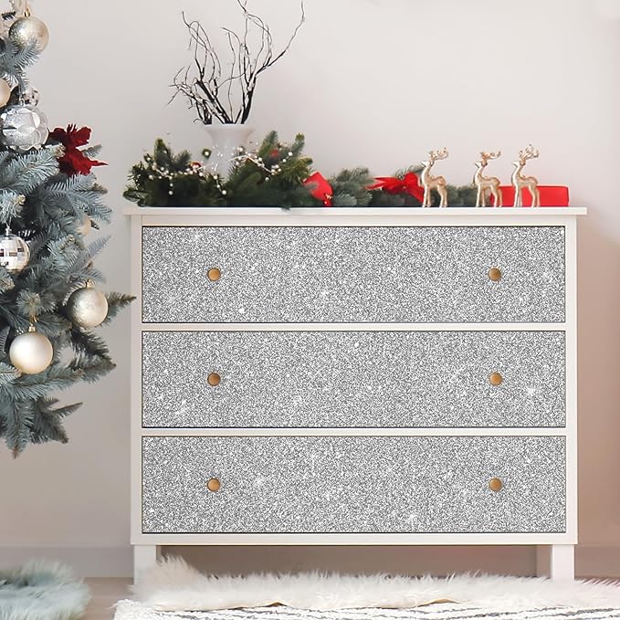 CHIHUT Sparkle Silver Glitter Wallpaper Peel and Stick Silver Glitter Contact Paper for Cabinets Walls Self Adhesive Removable Fabric Wallpaper Decorative Wall Paper for DIY Drawers 15.7''x100''