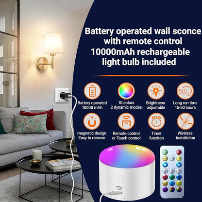 Battery Operated Wall Sconces Set of Two, Indoor Wireless Wall Mounted Lamp with 10000mAh Dimmable Bulb and Remote, RGB Colors Rechargeable Wall Light for Bedroom Living Room Decor