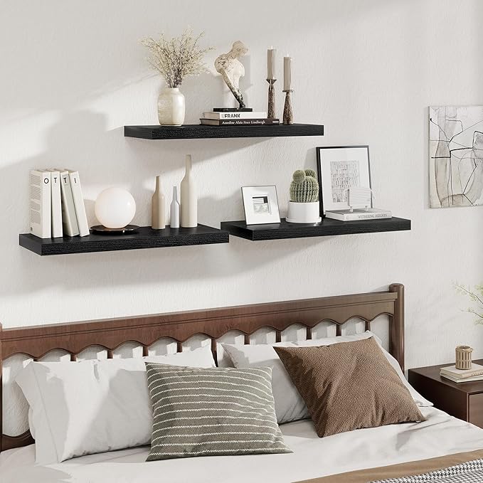 Fun Memories 12 Deep Floating Shelves for Wall | 30W x 12D Large Floating Shelves | 3 Pack Storage Space Wall Mount Shelf for Living Room Bathroom Toilet Laundry Room Kitchen Home Office - Black