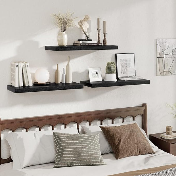 Fun Memories 12 Deep Floating Shelves for Wall | 30W x 12D Large Floating Shelves | 3 Pack Storage Space Wall Mount Shelf for Living Room Bathroom Toilet Laundry Room Kitchen Home Office - Black