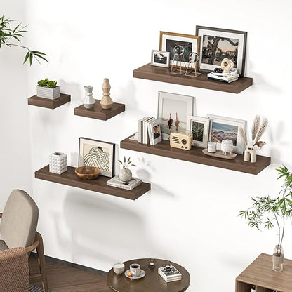 Floating Shelves for Wall, 31.5"W x 6.7"D x 1.5"H, Wooden Wall Mounted Display Shelves with Invisible Brackets for Living Room, Bedroom, Bathroom, Kitchen Decor and Storage, Set of 2, Walnut