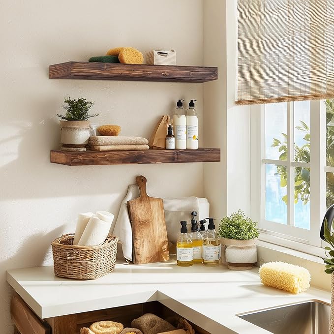 24x6.8x2 Inch Rustic Floating Shelves for Wall Set of 2 - Brown Solid Wood Wall Mounted Shelves with Invisible Bracket, Extended Design for Farmhouse Living Room Bedroom Kitchen Decor