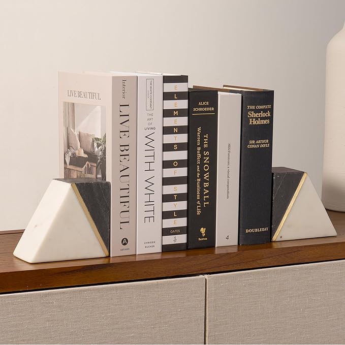 Cork & Mill Marble Book Ends for Shelves, Decorative Bookends for Heavy Books, Unique Mid Century Modern Gray and White Bookends with Brass Inlay, Heavy Duty Bookshelf Stopper, Set of 2