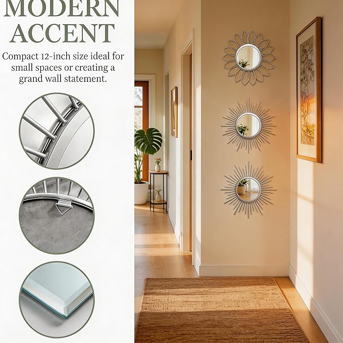 Boho Sunburst Wall Mirror Set of 3, 12 Inch Round Antique & Modern Metal Wall Art, Hanging Over The Door Mirrors for Wall Decor in Living Room, Bedroom, Bathroom, Entryway（Sliver）