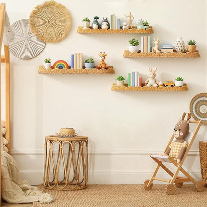 Pinkunn 4 Pcs Nursery Book Shelves 35.4 Inch Rattan Scalloped Floating Bookshelves Wicker Boho Book Shelf for Wall Mounted Decor Nursery Rooms Hanging