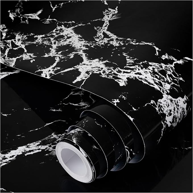 practicalWs Glossy Marble Wall Paper Granite Black/Grey Kitchen Countertop Cabinet Furniture Refurbishment Removable Wallpaper Peel and Stick Vinyl Roll 23.6" x 118.1"