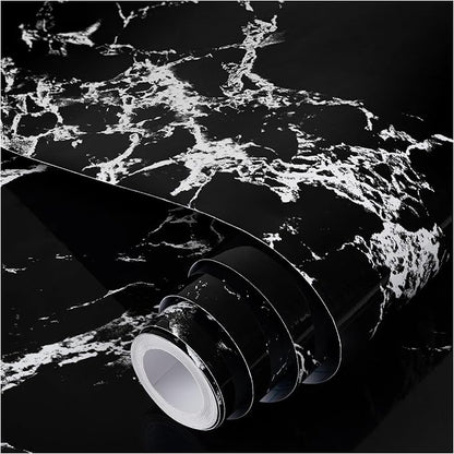 practicalWs Glossy Marble Wall Paper Granite Black/Grey Kitchen Countertop Cabinet Furniture Refurbishment Removable Wallpaper Peel and Stick Vinyl Roll 23.6" x 118.1"