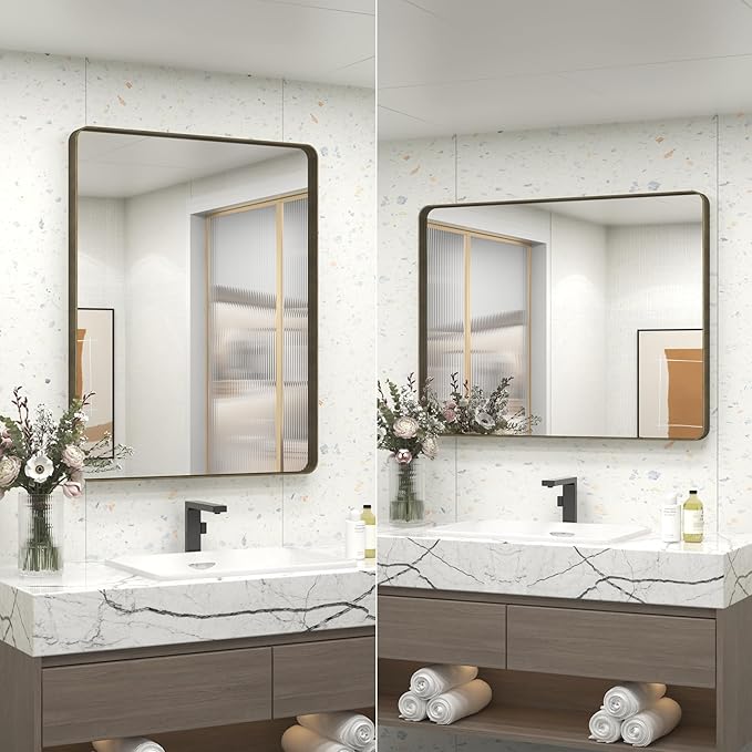 28x36 Bronze Framed Mirror, Brushed Bronze Metal Bathroom Vanity Mirror for Wall, Modern Rectangle Mirror, Rounded Corner, Anti-Rust, Tempered Shatterproof (Horizontal/Vertical)