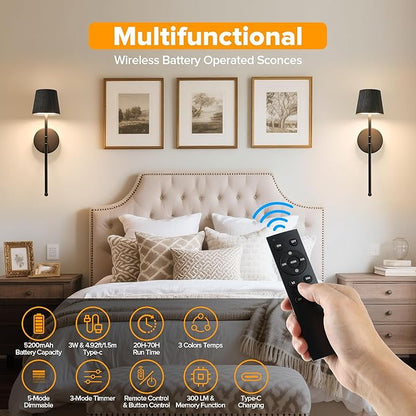LUTEC Cordless Wall Sconces Set of 2, 5200mAh Wireless Rechargeable Battery Operated LED Wall Lamps, 3 Color Stepless Dimming Portables Lightings for Wall Painting/Living Room/Bedroom/Hallway Decor