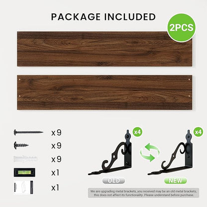 RICHFOCUS Floating Shelves for Wall Decor, 39.4W x 8D Shelves Set of 2, 8 Inch Deep Rustic Wood Shelves Wall Mounted with Brackets, Long Floating Shelves for Living Room Bedroom Kitchen, Walnut