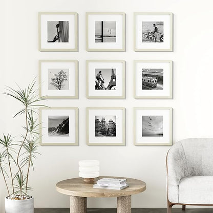 Vittanly 12x12 Picture Frames Set of 9, Shatter Resistant Plexiglass, Display 8x8 Pictures with Mat or 12x12 without Mat, Photo Frames for Wall Mount, Engineered Wood, Cornsilk