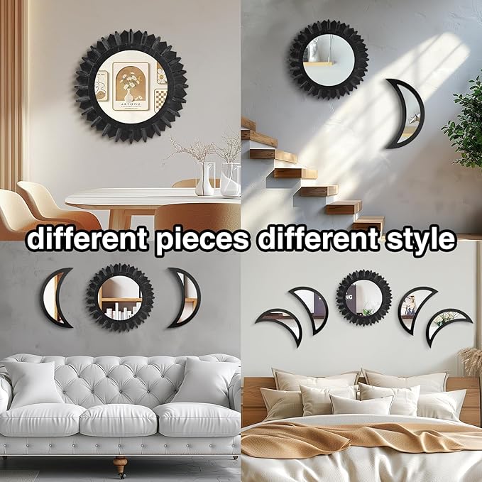 WAKOSAN Wall Mirror, Moon Phase Mirror Set, Wall Decor for Bedroom, Bohemian 5PCS Wooden and Real Glass Mirror with Crystal Clear Reflection, Boho Decor, Multi-Angle Installation (Black)